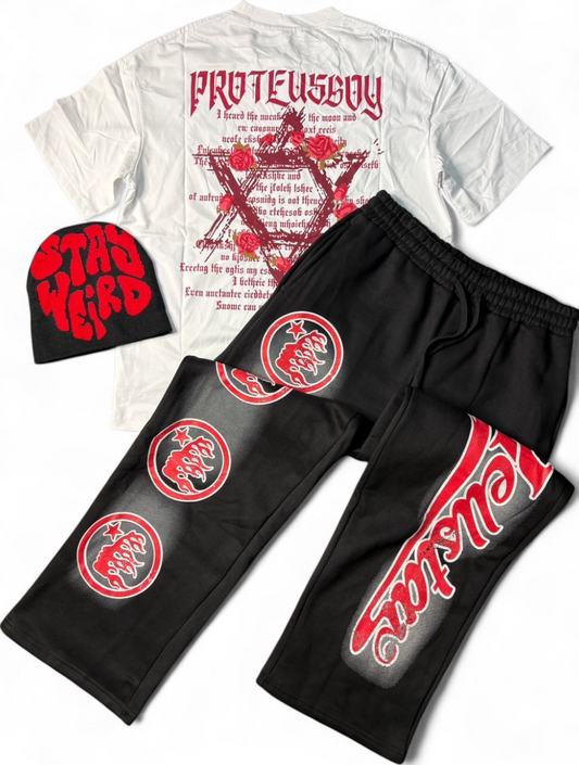 Ensemble T-shirt Proteus Boy + jogging Hellstar + bonnet "Stay Weird"